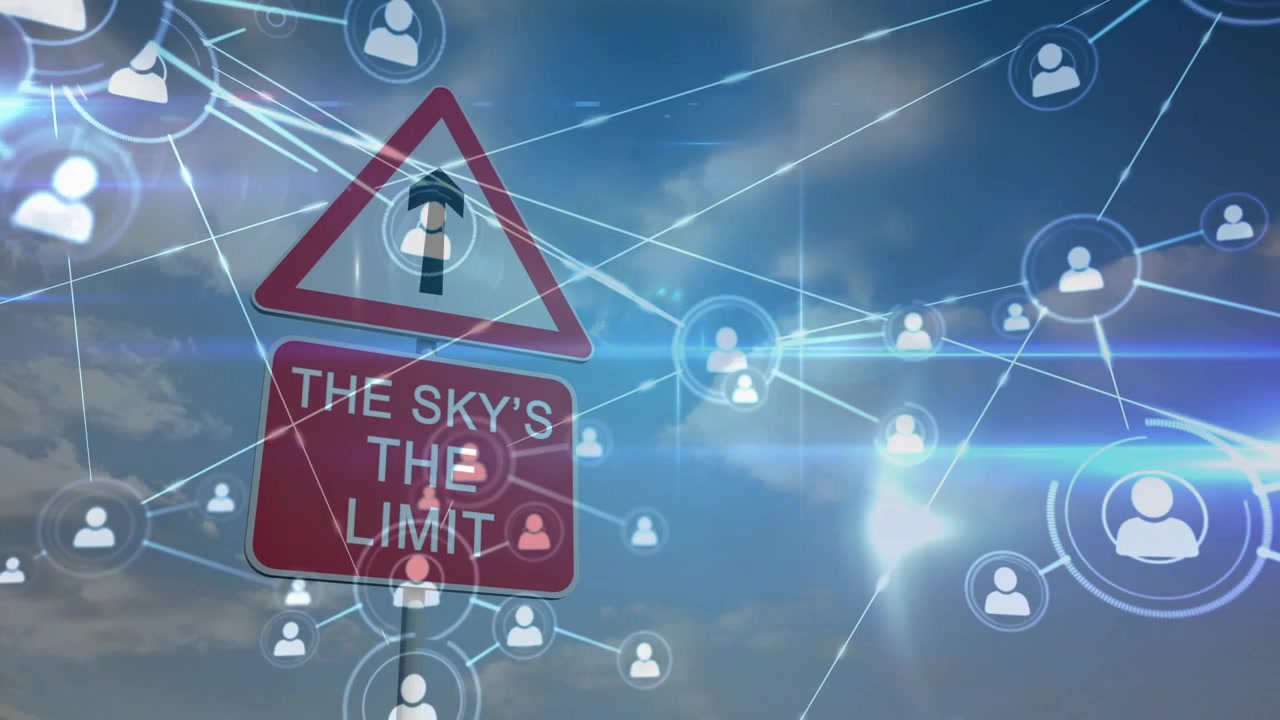 Sign tilting forward emitting light rings, icons linking and growing, showing growth and connection