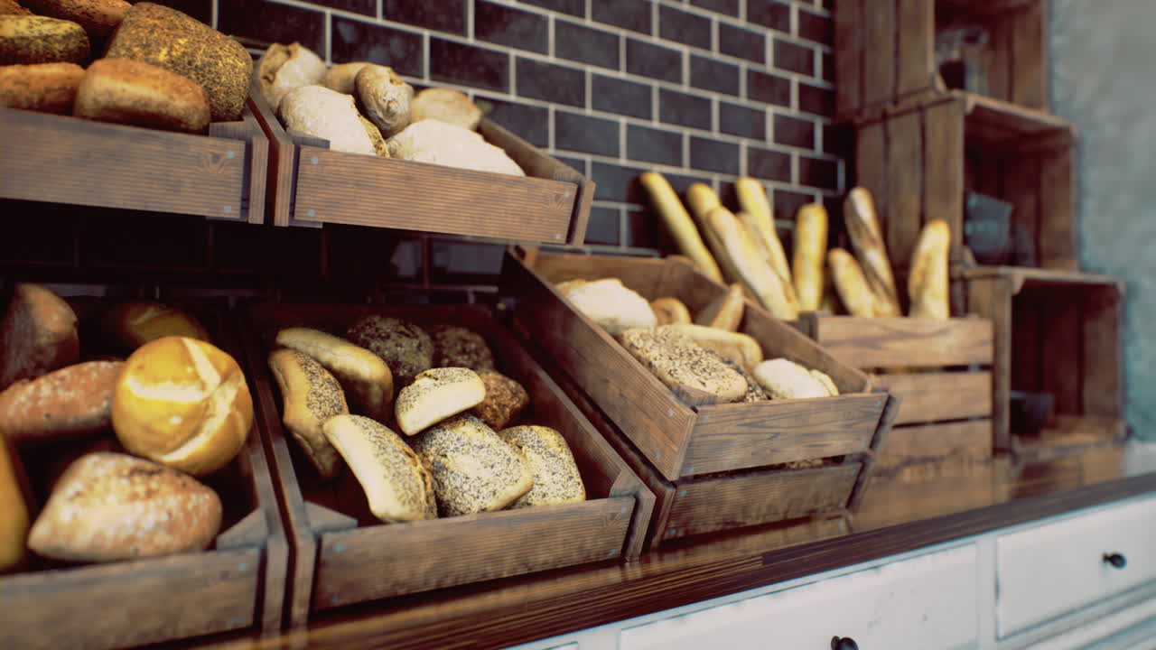 Freshly baked artisan bread displayed in rustic wooden crates at bakery