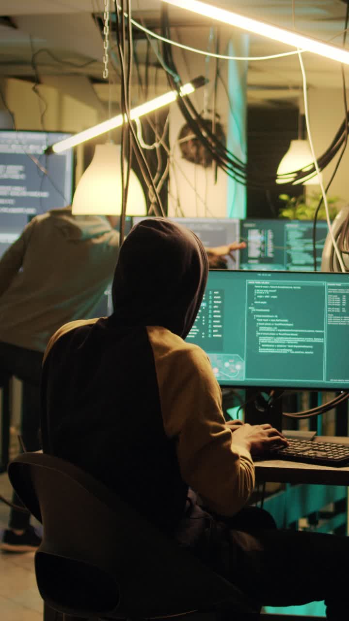Vertical video: Young cyber criminal breaking computer firewall to plant malware