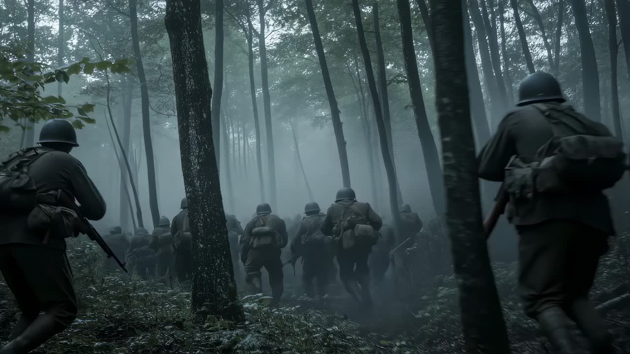 Military reenactors sprinting through foggy woodland landscape, representing intense World War combat scenario with palpable tension between armed soldiers moving rapidly across challenging terrain