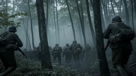 military reenactors sprinting through foggy woodland landscape, representing intense world war combat scenario with palpable tension between armed soldiers moving rapidly across challenging terrain