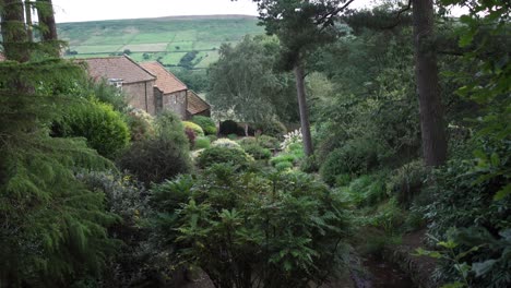 Una-Tranquila-Tarde-De-Verano-Con-Vistas-A-Un-Jardín-Arbolado-Maduro-Junto-A-Un-Arroyo---Farndale-North-Yorkshire-Moors-Audio-Incluido-Cuenta-Con-Cantos-De-Pájaros,-Agua-Y-Ovejas