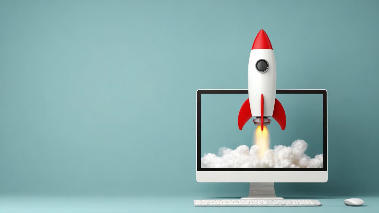 Innovative Concept of a Rocket Launching from a Computer Monitor, Signifying Technology, Creativity, and Growth in Digital Exploration and Innovation