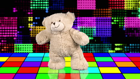 oso de peluche bailando en un entorno de discoteca