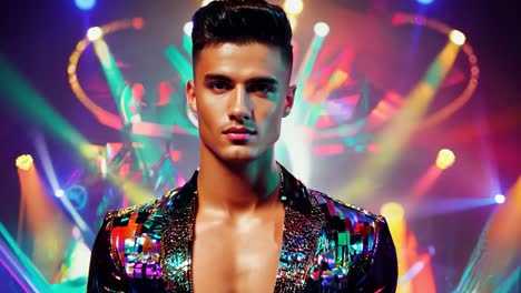 handsome man in a sequin jacket posing on a stage with colorful lights