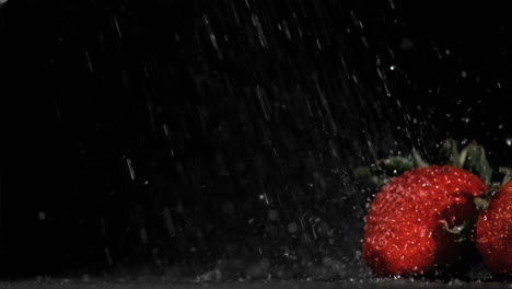 drops falling in super slow motion on strawberries