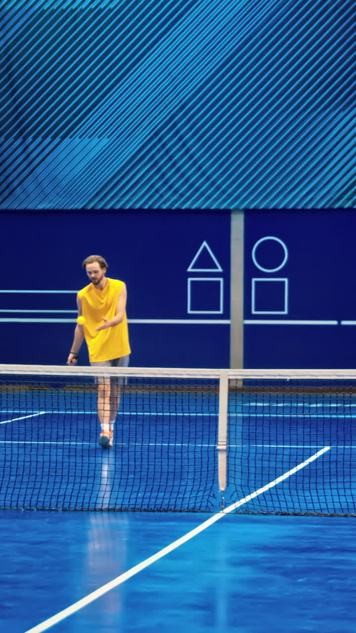 Two men and two women playing pickleball on a blue, inside court. Vertical