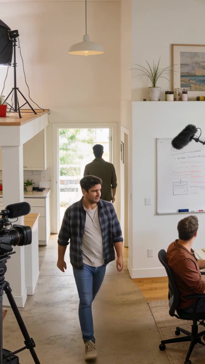 Video verticale: Apertura di una porta, uomo in camicia a quadri che cammina attraverso il set per le riprese con microfono a giraffa, telecamera