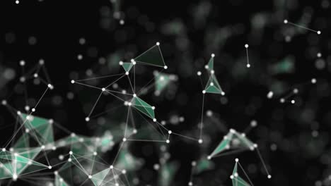 abstract background, full of white dots, which are connected with slightly green lines, on black brurred black backdrop. dots accumulation. zooming composition. shapes are moving slowly. 4k. bokeh.