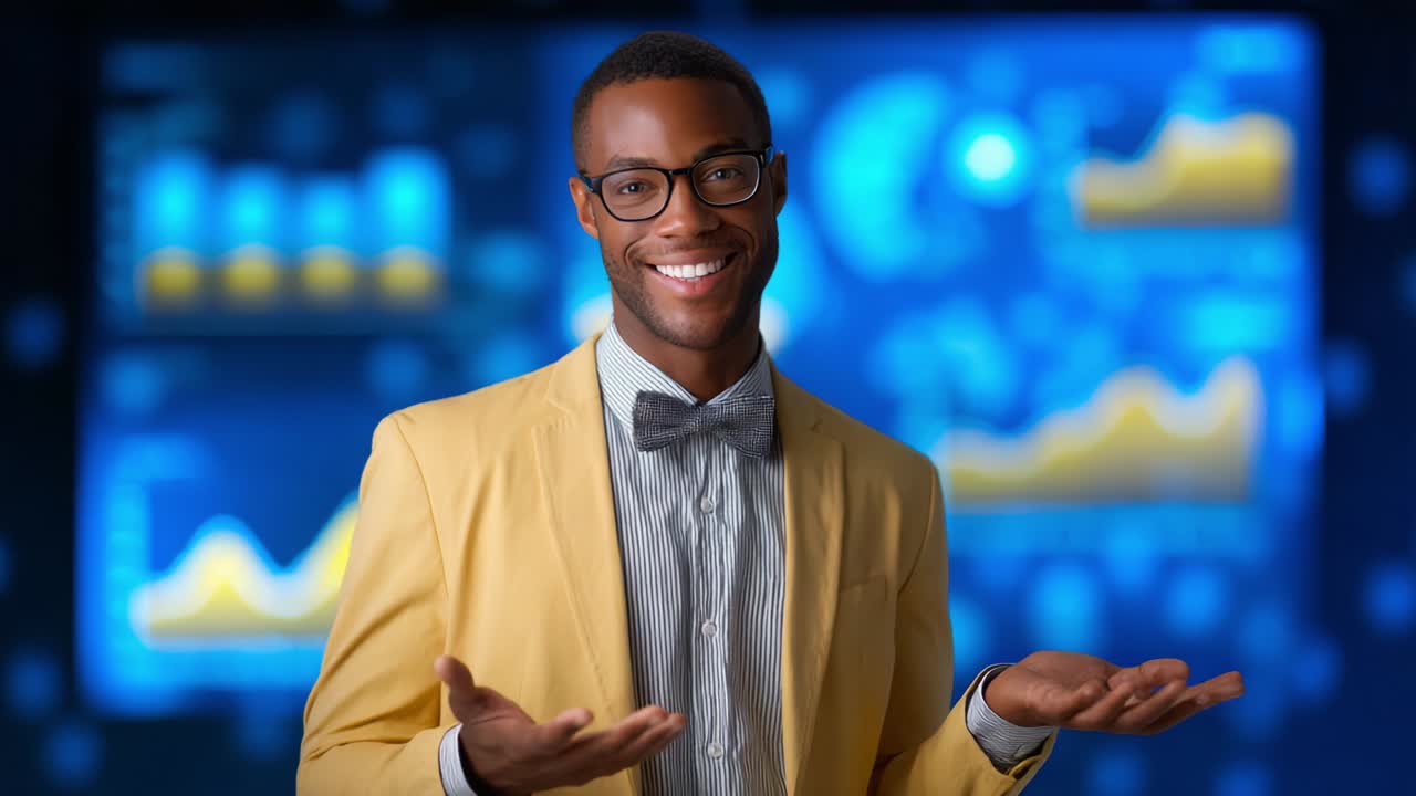 A confident presenter in a yellow suit and bow tie engages the audience with gestures, set against a backdrop of dynamic data visualizations and analytical charts, showcasing expertise and charisma
