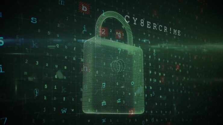 Animation of warning data processing, online security padlock and circuit board