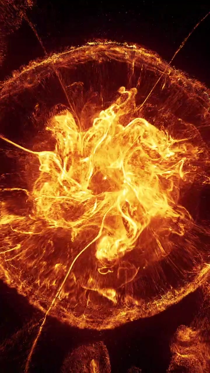 Esplosione astratta di fuoco e onda di energia che si espande nell'oscurità