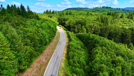 following slowly the cars going by the highway on the mountain slope. drone footage over the lush green forest covering the hill.