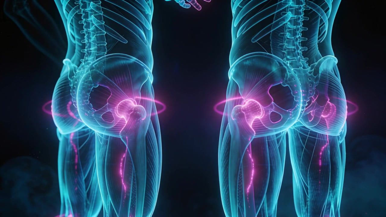Pulsing magenta rings sparking dual ghosted pelvis showing hip mechanics in CGI with hand pointing