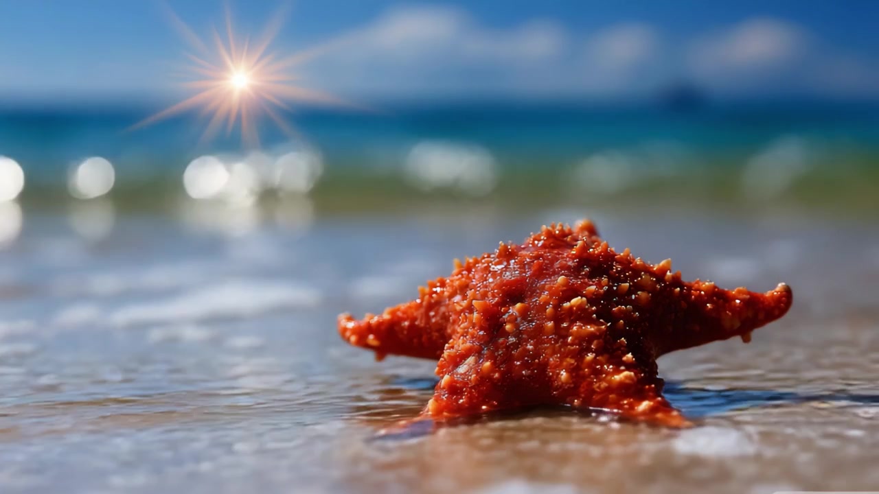 Uma Bela Estrela-do-mar Vermelha Cintila na Costa Sob a Luz Quente do Sol, Exibindo o Esplendor da Natureza no Ambiente Tranquilo do Oceano