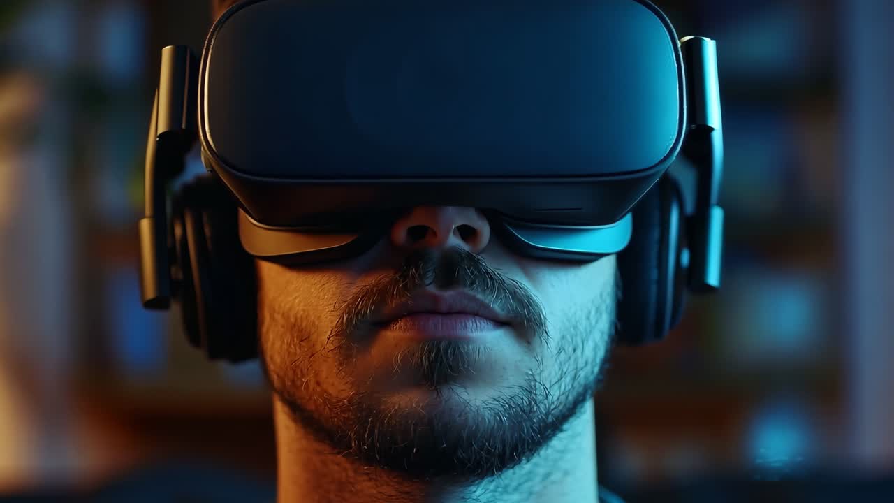 seorang pria mengenakan headset virtual reality di ruang tamu