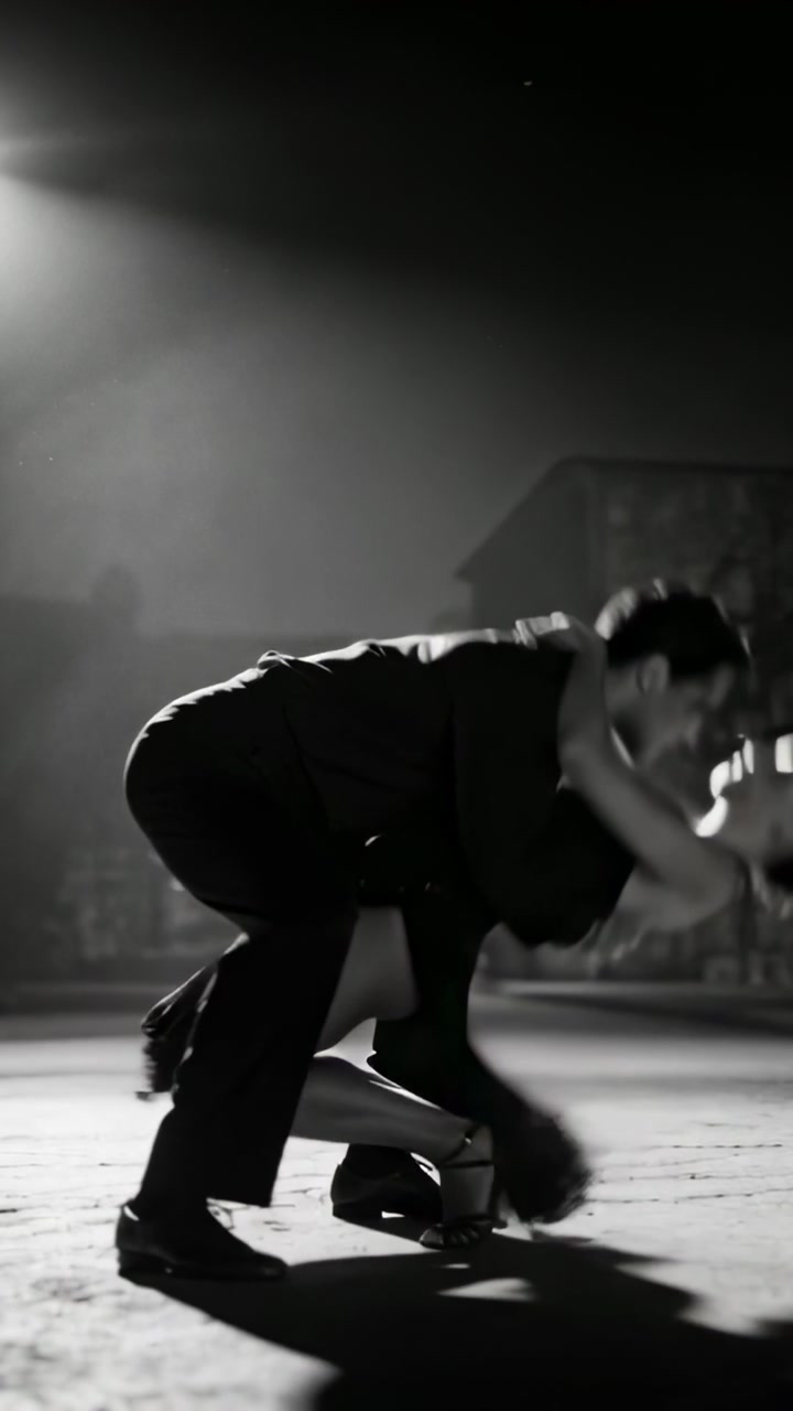 Couple following spotlight cue, dancing turning then dipping low in fitted dress for stage