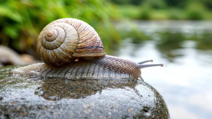 A Beautiful Close-Up of a Snail on a Stone by the Water's Edge, Showcasing Its Intricate Shell and Slimy Trail in a Peaceful Natural Setting