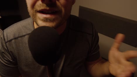 close-up scene from podcast, interview or public statement in personal studio setting
