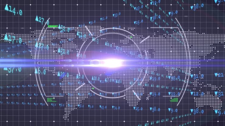 Animation of light beam on hud processing over world map, finance data, grids on digital interface