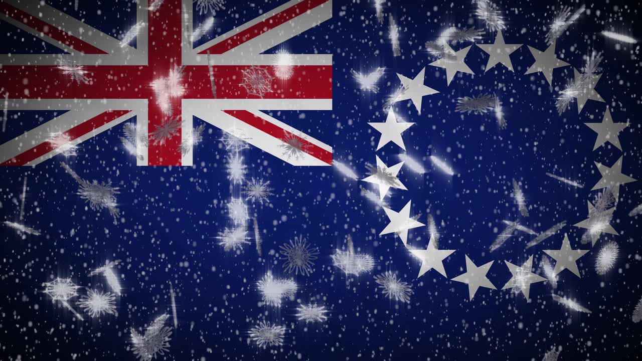 bandera de las islas cook caída de nieve loopable, año nuevo y fondo de navidad, bucle