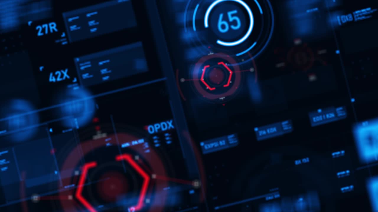 Target pointer and Futuristic user interface HUD GUI digital text number element for cyber technology concept with shallow depth of field dark and grain processed