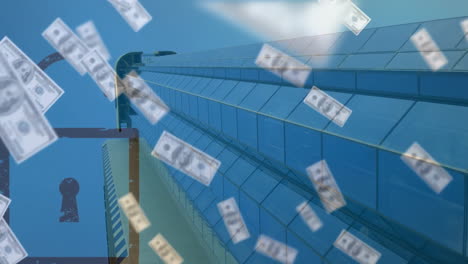 Animación-De-Billetes-De-Dólar-Que-Caen-Y-Candado-Sobre-Vista-De-ángulo-Bajo-De-Edificios-Modernos-Contra-El-Cielo