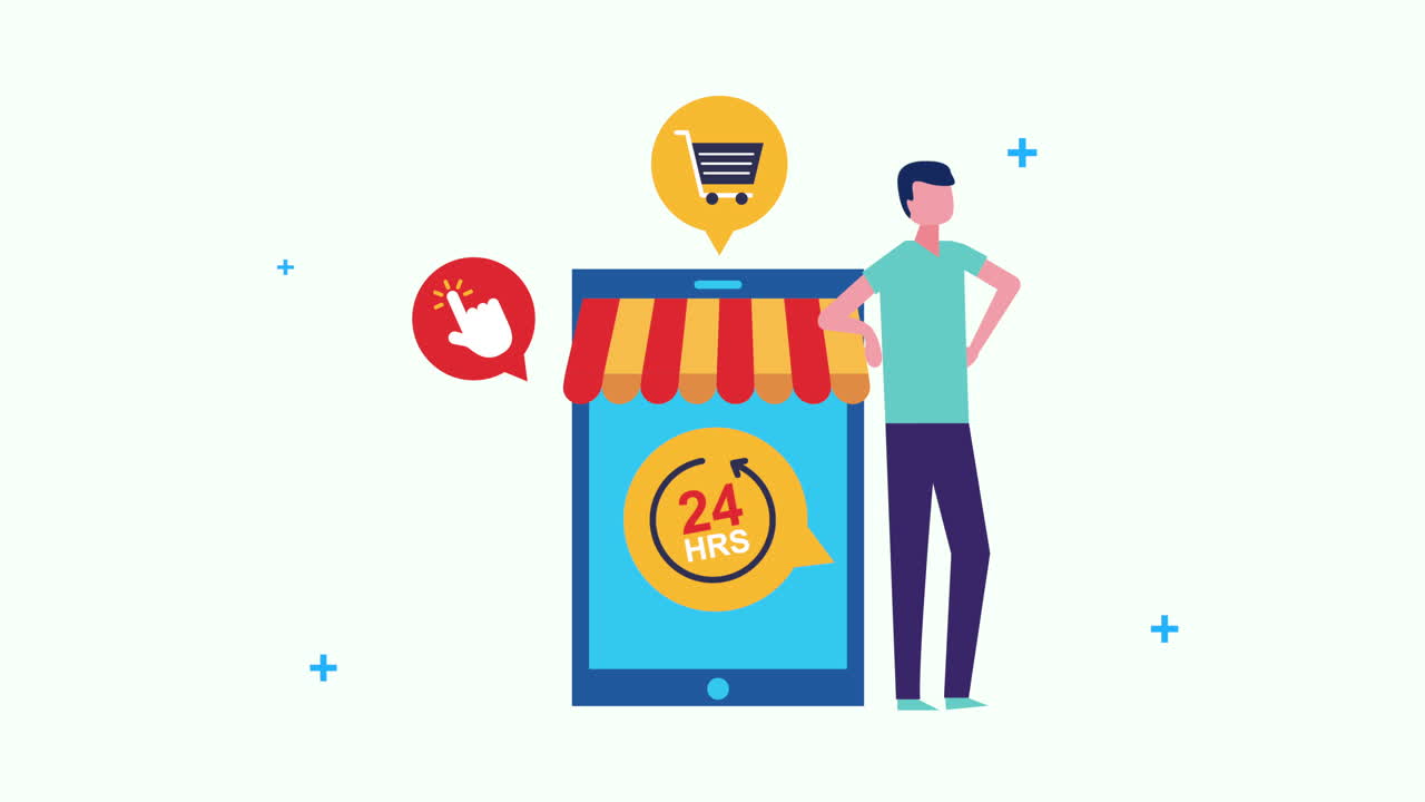 joven empresario con teléfonos inteligentes e iconos de comercio electrónico