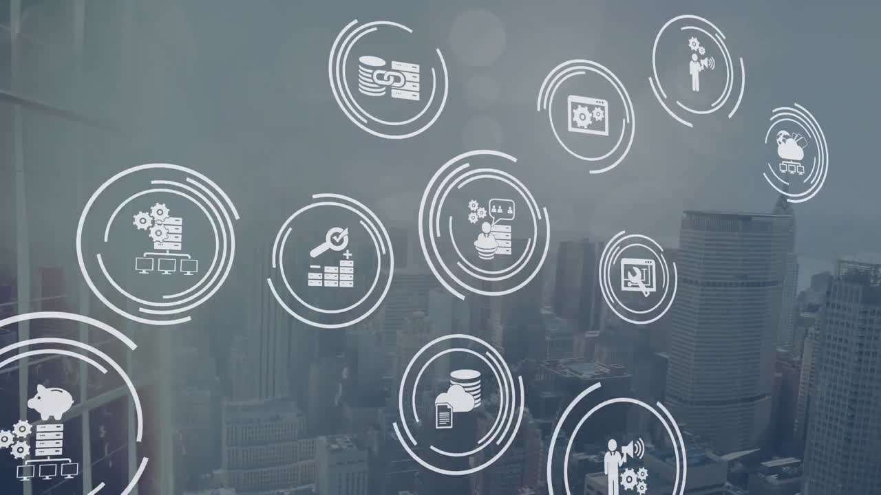 Animation of computer icon in circles over lens flares on modern cityscape against sky