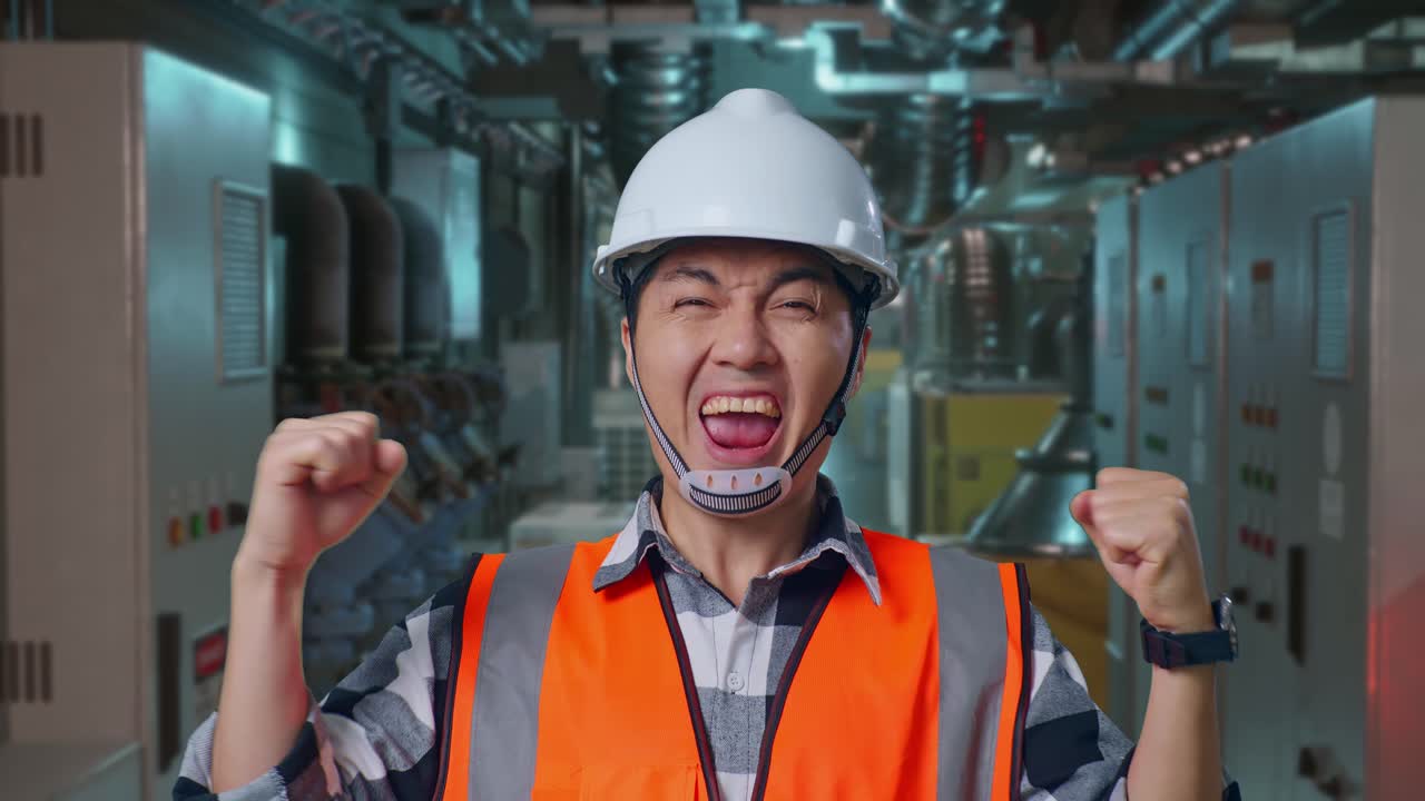 Close Up Of Asian Male Engineer With Safety Helmet Screaming Goal Celebrating Working In Engine Control Room, Work Of Electrical Generators