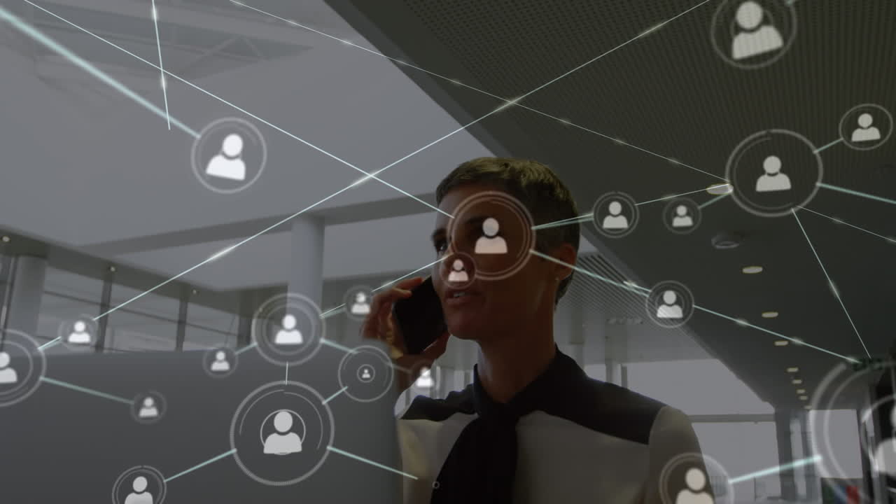 Animation of network of connection over businesswoman in the office