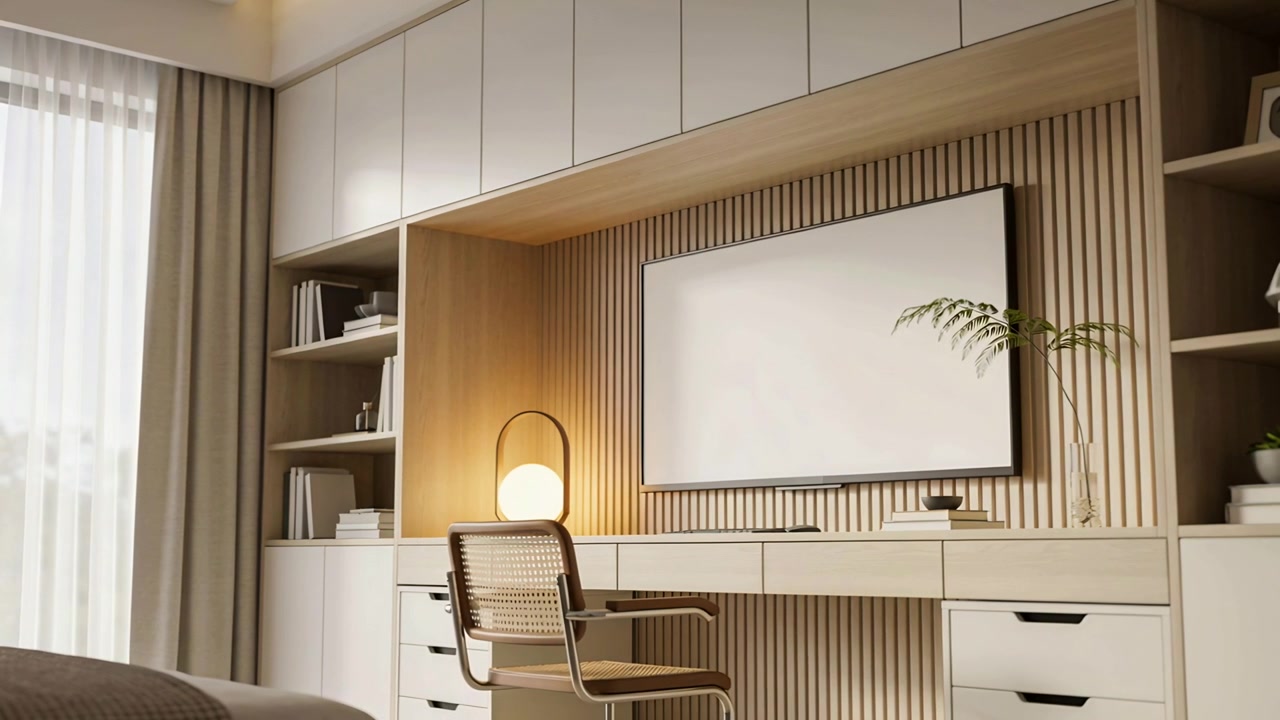 Camera pushing forward revealing built-in desk workspace with blank screen, showcasing rattan chair