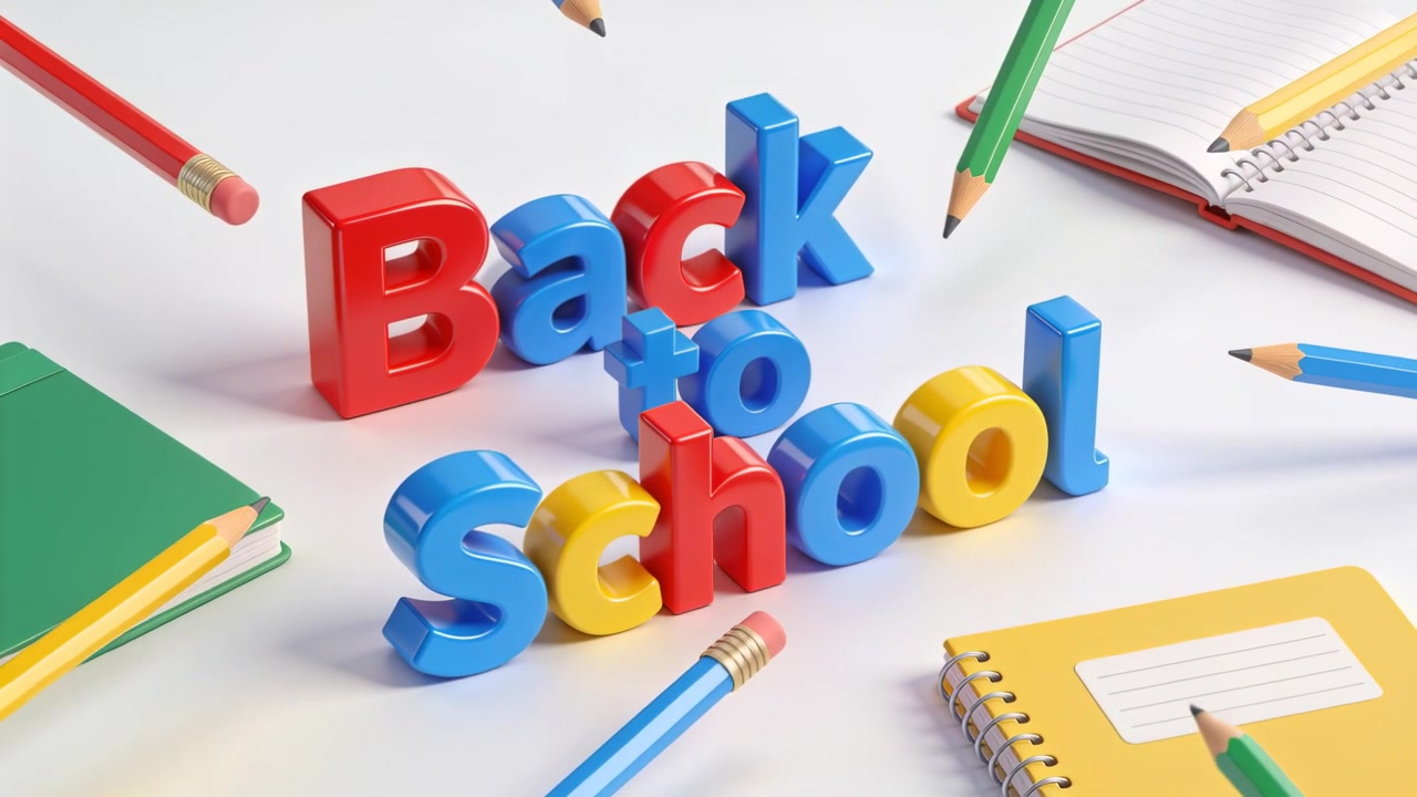 Matite colorate che convergono verso il centro su un tavolo bianco, puntando verso le lettere 3D 'Back to School'.