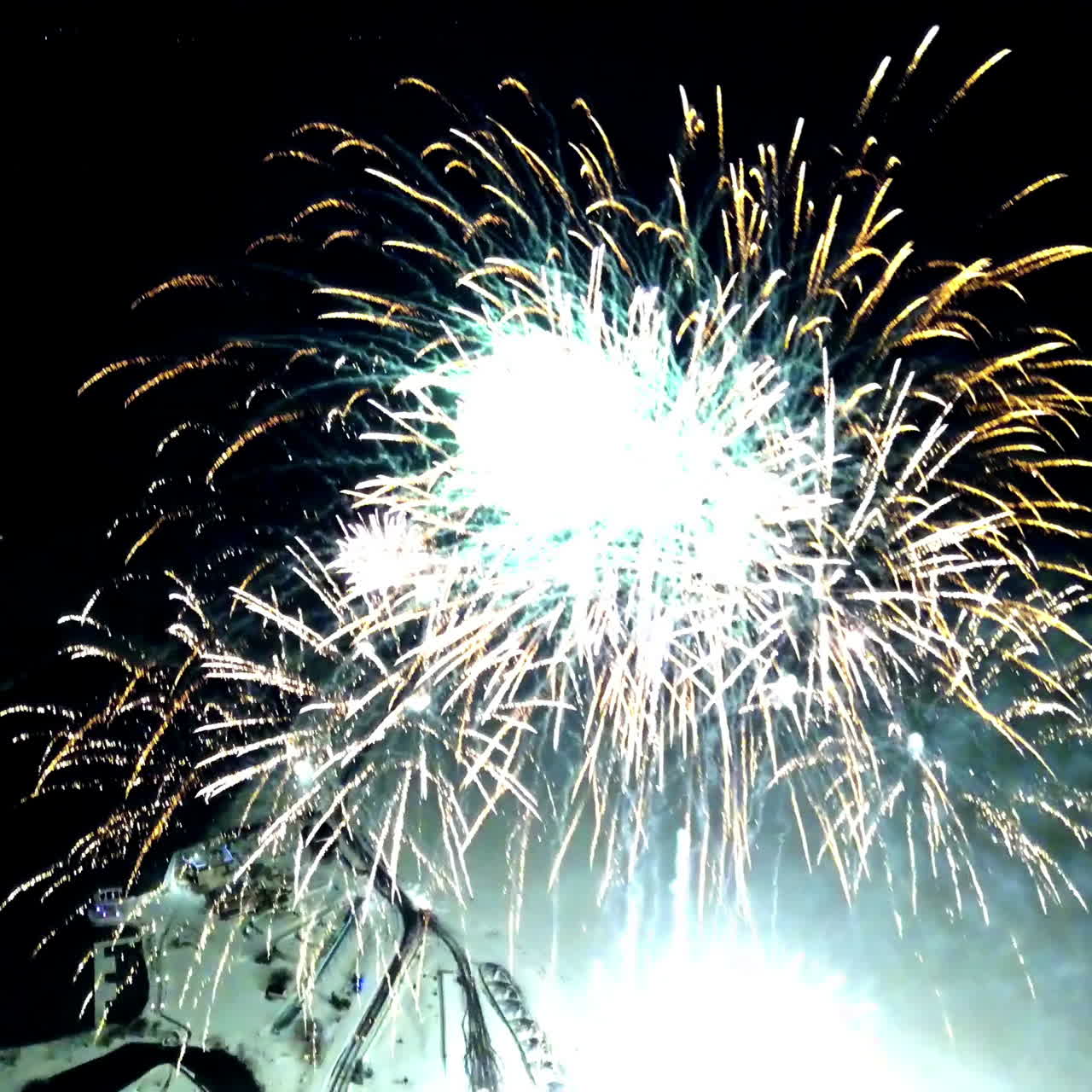 Festive fireworks display. Magical winter evening. Aerial view