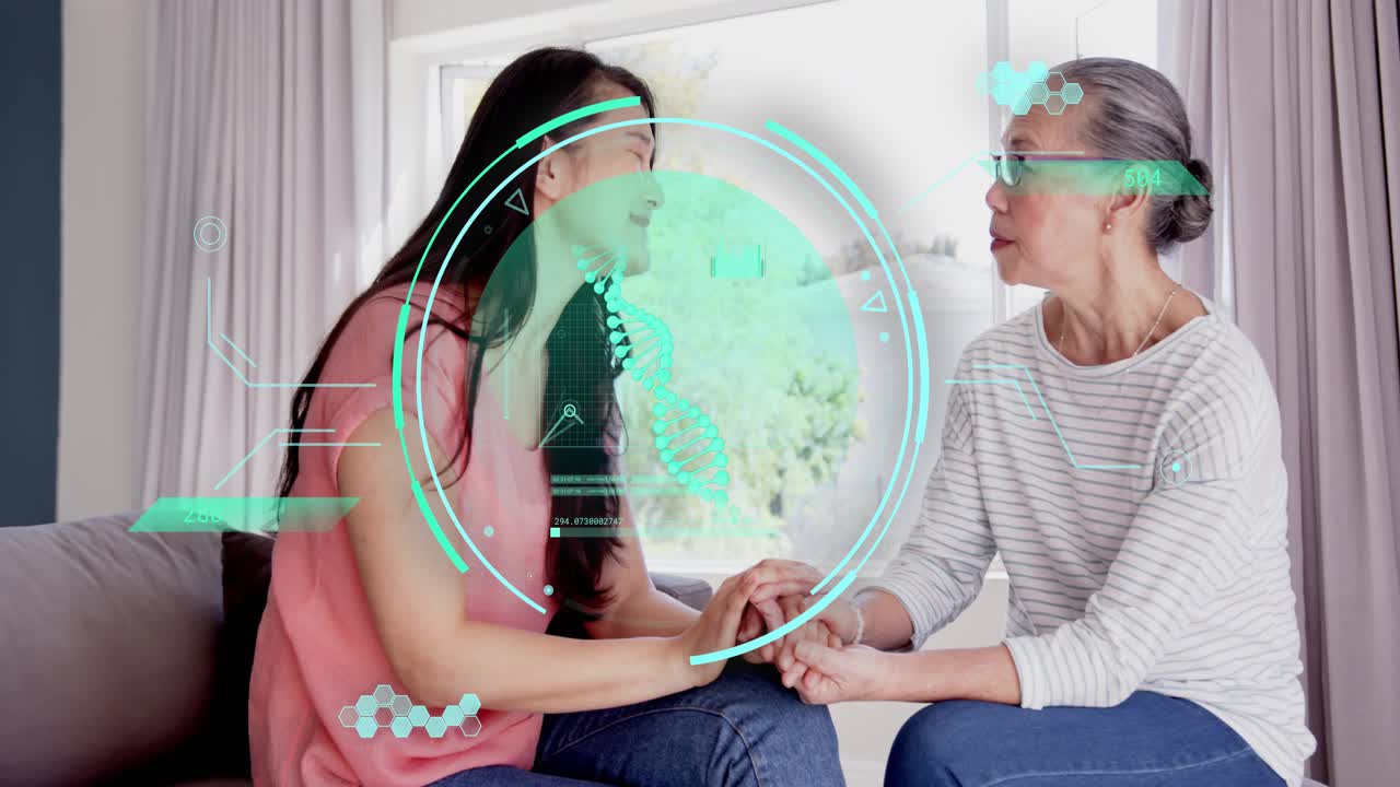 Daughter leaning in, holding mother's hand and discussing genetics with teal HUD obscuring faces