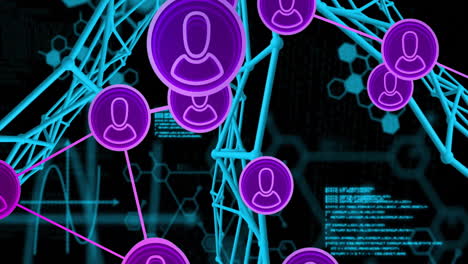 red de iconos de usuario y animación de procesamiento de datos sobre fondo digital