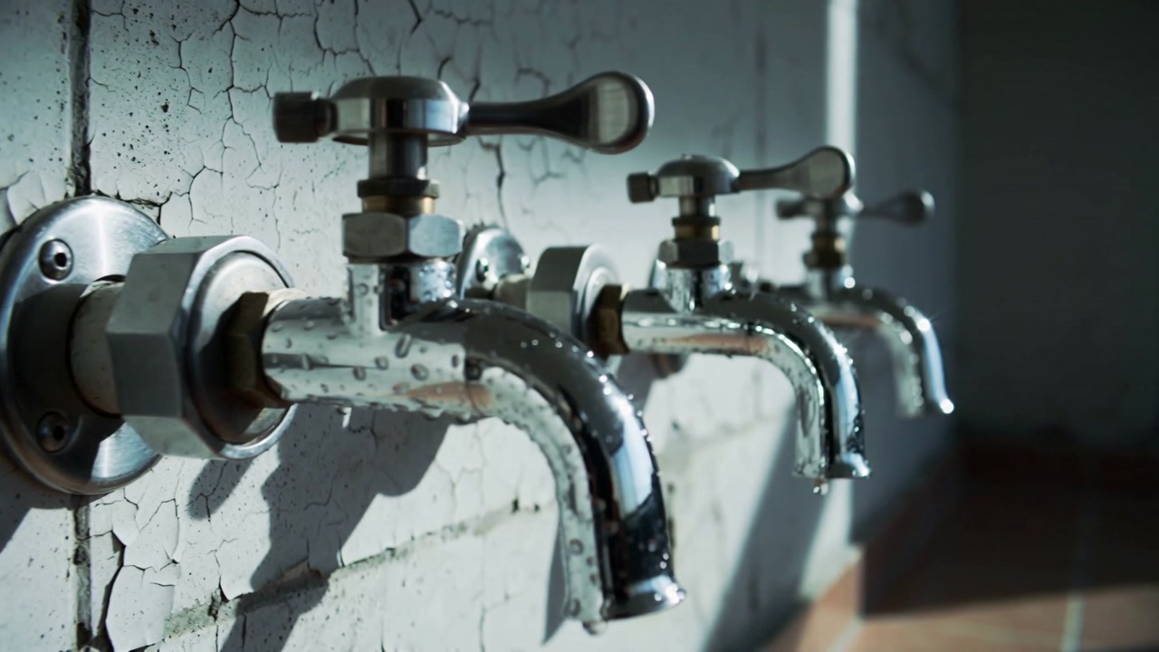 Panning camera showing chrome faucets with cross handles in wash area, droplets, cracked wall