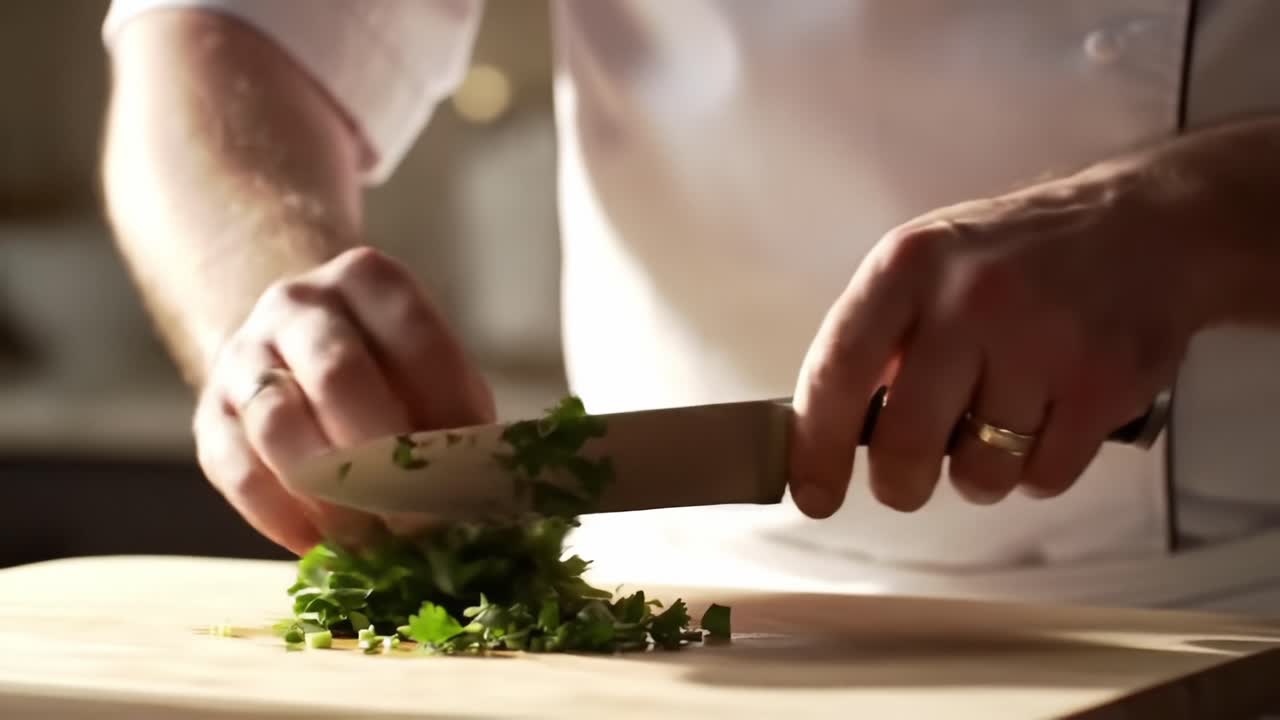 Mastering Culinary Skills: A Chef Skillfully Chops Fresh Herbs with Precision and Technique, Showcasing the Art of Cooking in a Well-Lit Kitchen Environment