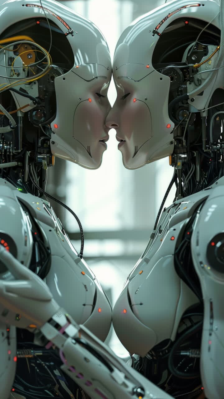 Robot cyborg femminili che si abbracciano e sono innamorati, realizzati con IA generativa