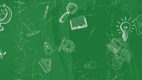 Animation-of-school-items-icons-over-distressed-green-background