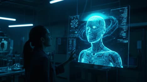 envisioning the future: a human interaction with a hyper-realistic holographic ai, unveiling advanced technology and consciousness in a sci-fi setting