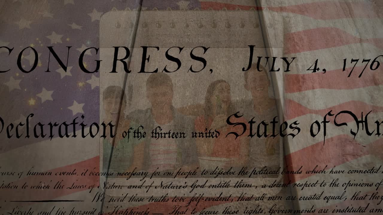 Animation of constitution of america and july 4th calendar over american flag and people celebrating