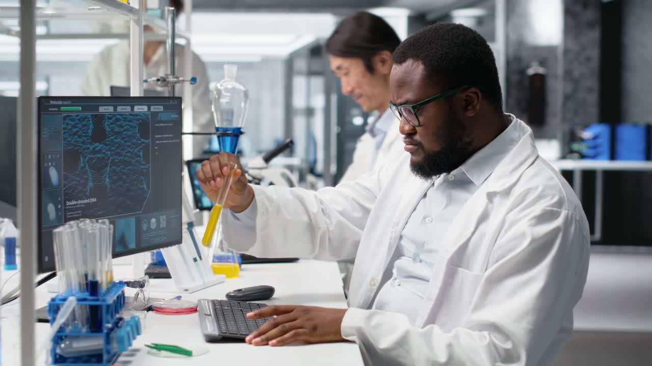 Vertical video Lab scientist evaluates genetic markers using PC, analyzing sample properties