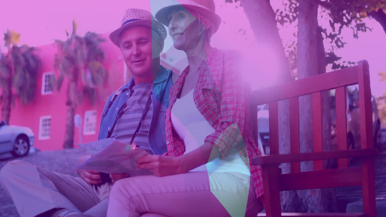 Sitting on bench, older couple using map for exploring colorful outdoor animation