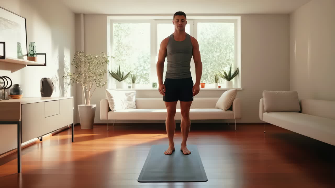 Mand strækker ud på en yogamåtte i en moderne stue