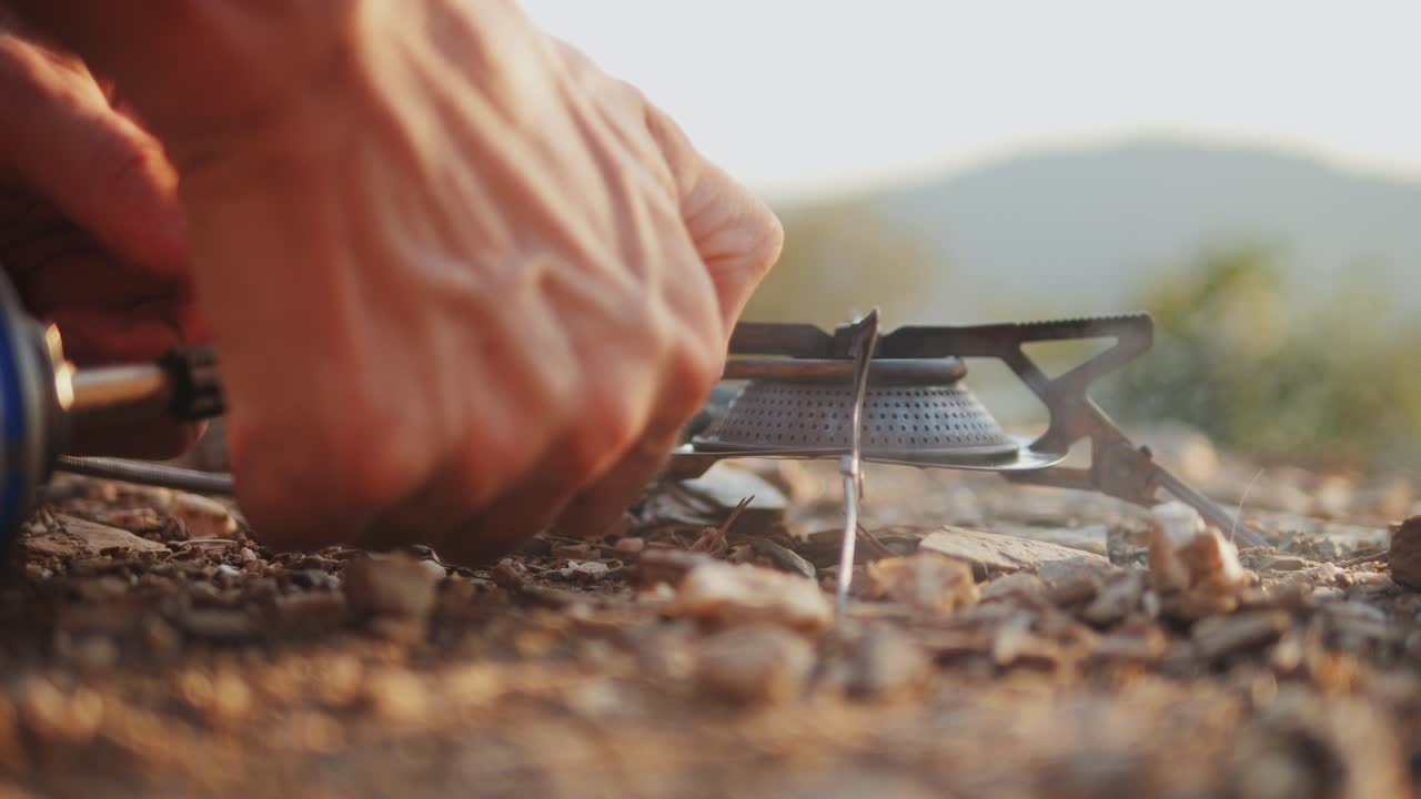 Setting up a portable camping stove