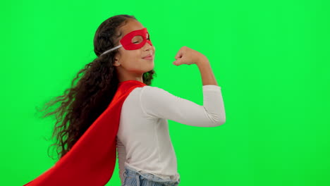 girl child, superhero and green screen with strong