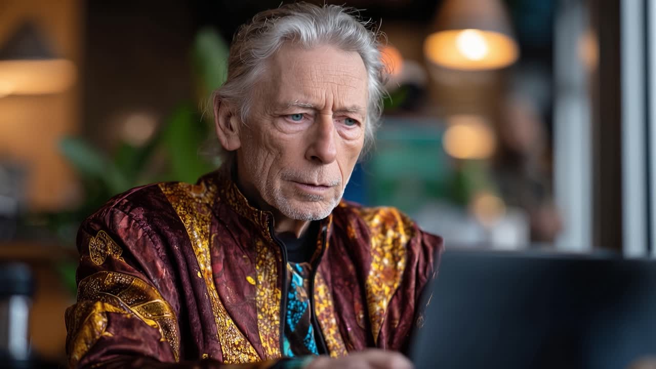 Uomo anziano con una ricca veste a motivi guarda lo schermo del laptop. La sua espressione mostra profonda attenzione e quieta concentrazione. La luce soffusa evidenzia il suo sguardo pensieroso e il suo atteggiamento calmo.