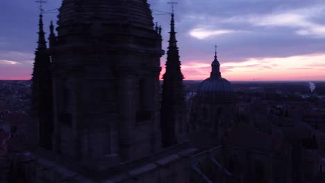 sunset over the vieja de salamanca which is one of the most beautiful romanesque monuments in europe filmed by drone