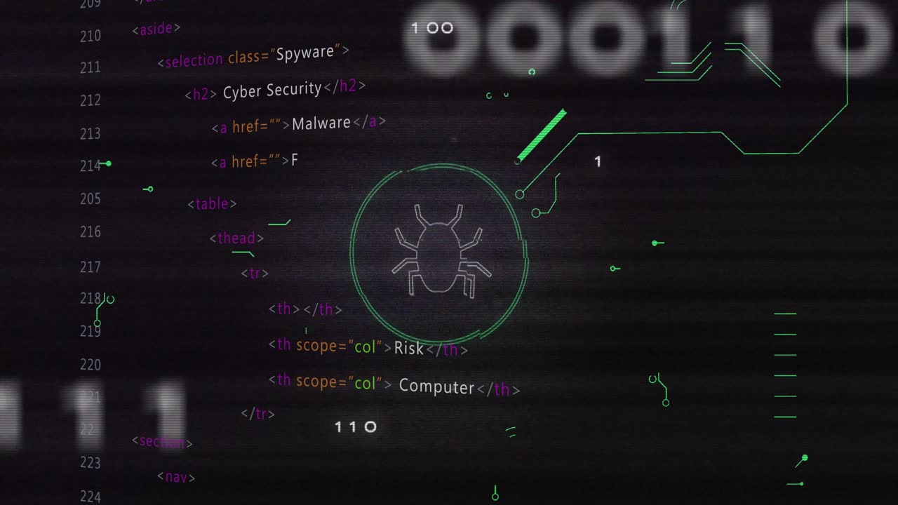 Interfaccia che si apre, visualizzando minacce alla sicurezza, animando codice e circuiti al neon che incorniciano un'icona di bug.
